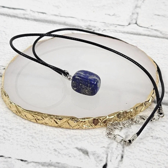 Blue Sodalite Natural Stone Cube Necklace with 18in Black Chain SN15 - Picture 3 of 4
